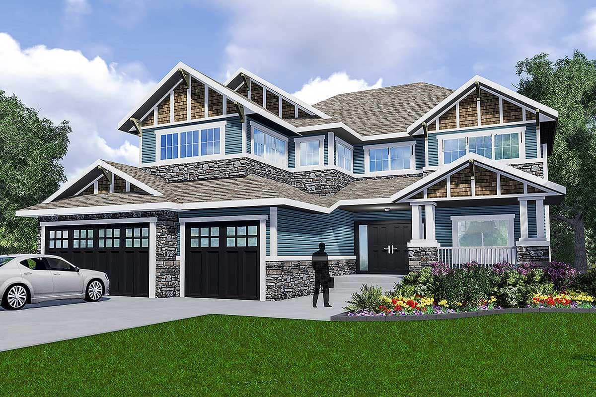 House plan exterior: Two-story home with stone accents, multiple gables with wood shingles, and a three-car garage.