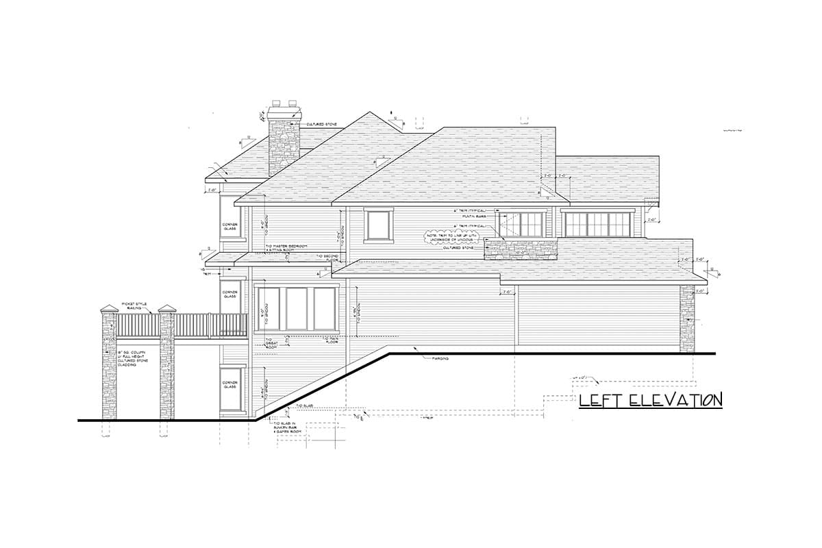 Architectural house plan: Left elevation drawing showing multiple stories, dormers, gabled roof, and stone accents.