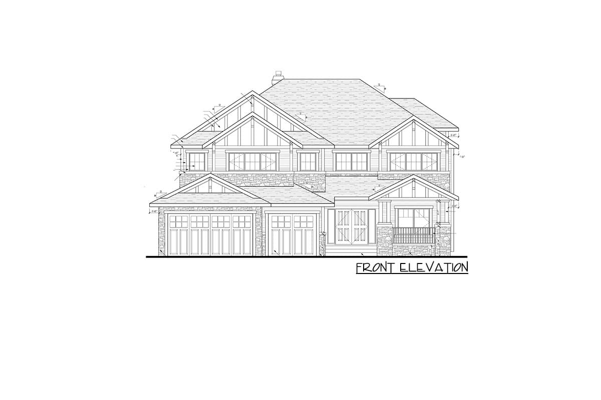 Front elevation drawing of a two-story house plan with gables, stone accents, a covered porch, and a three-car garage.