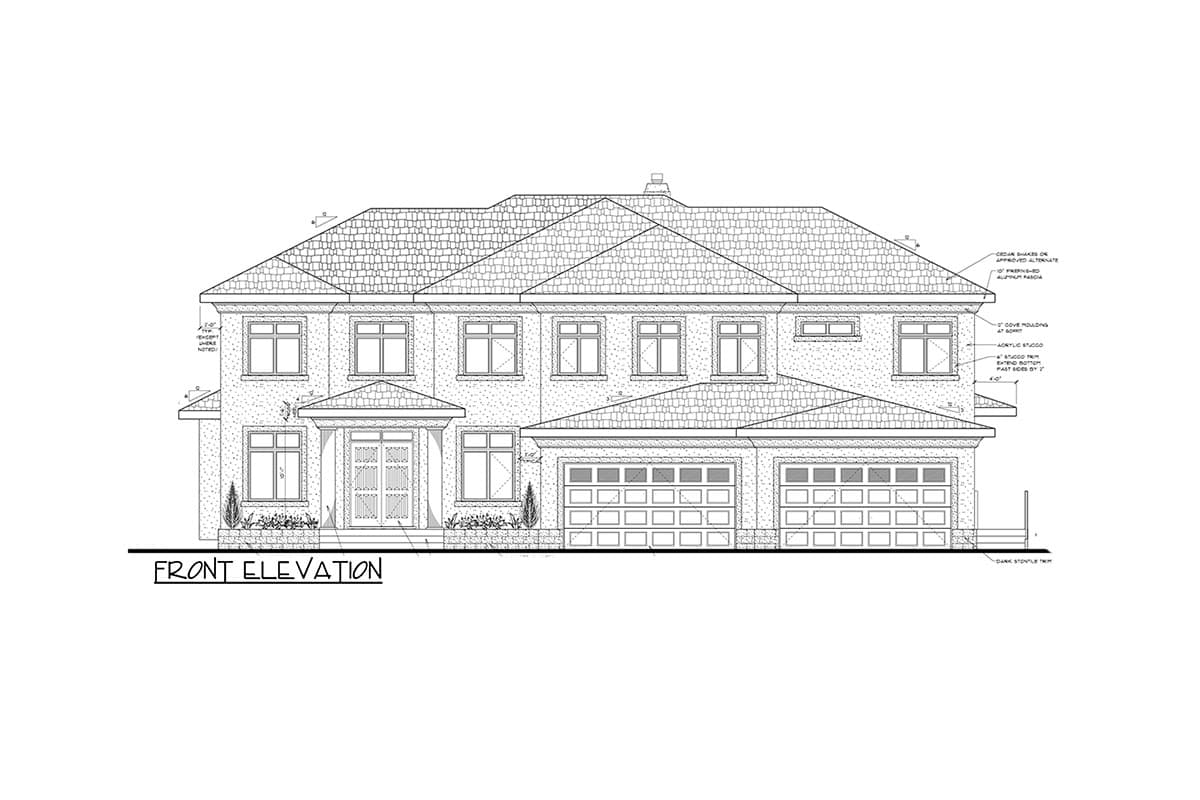 Front elevation drawing of a two-story house with a gabled roof, double garage, and covered entryway.