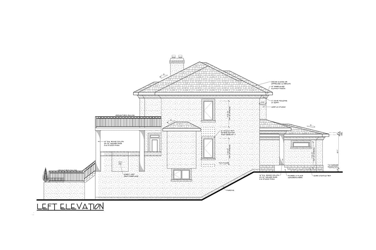 Left elevation house plan: brick facade, multi-level roof, second-story balcony with iron railing, and projecting bay.
