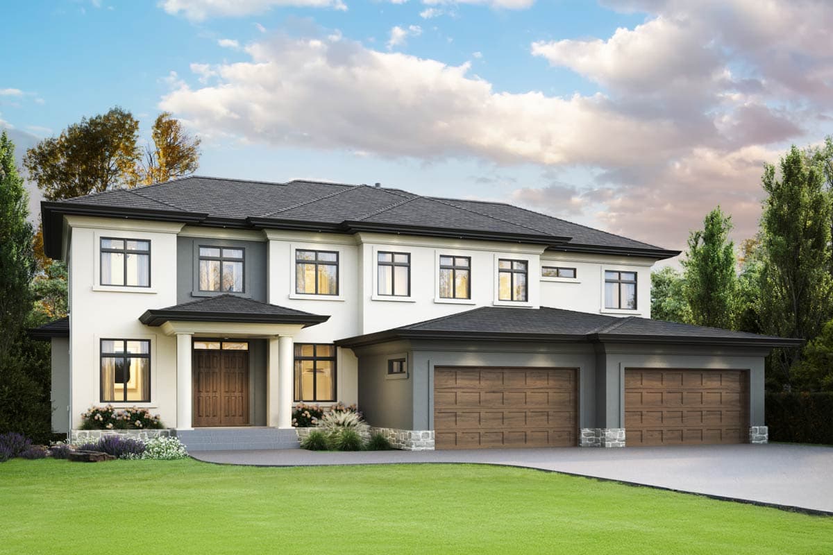 House plan exterior: Modern two-story residence with a prominent entryway, dual garage, and hip rooflines.