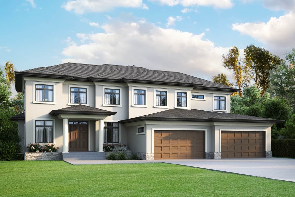 Two-story house plan exterior with a covered entry porch, multiple gables, and a three-car garage.