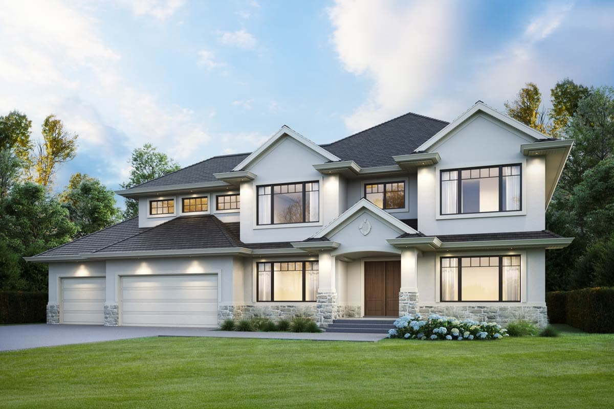 House plan exterior: Two-story home with a three-car garage, prominent gables, stone accents, and a covered entry.