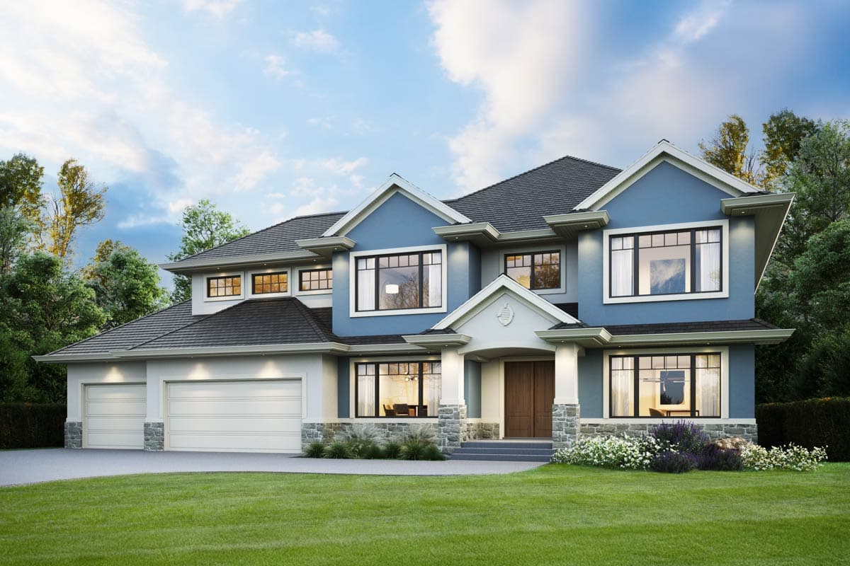 House plan exterior, two-story home with a three-car garage, prominent gables, stone accents, and covered entry.