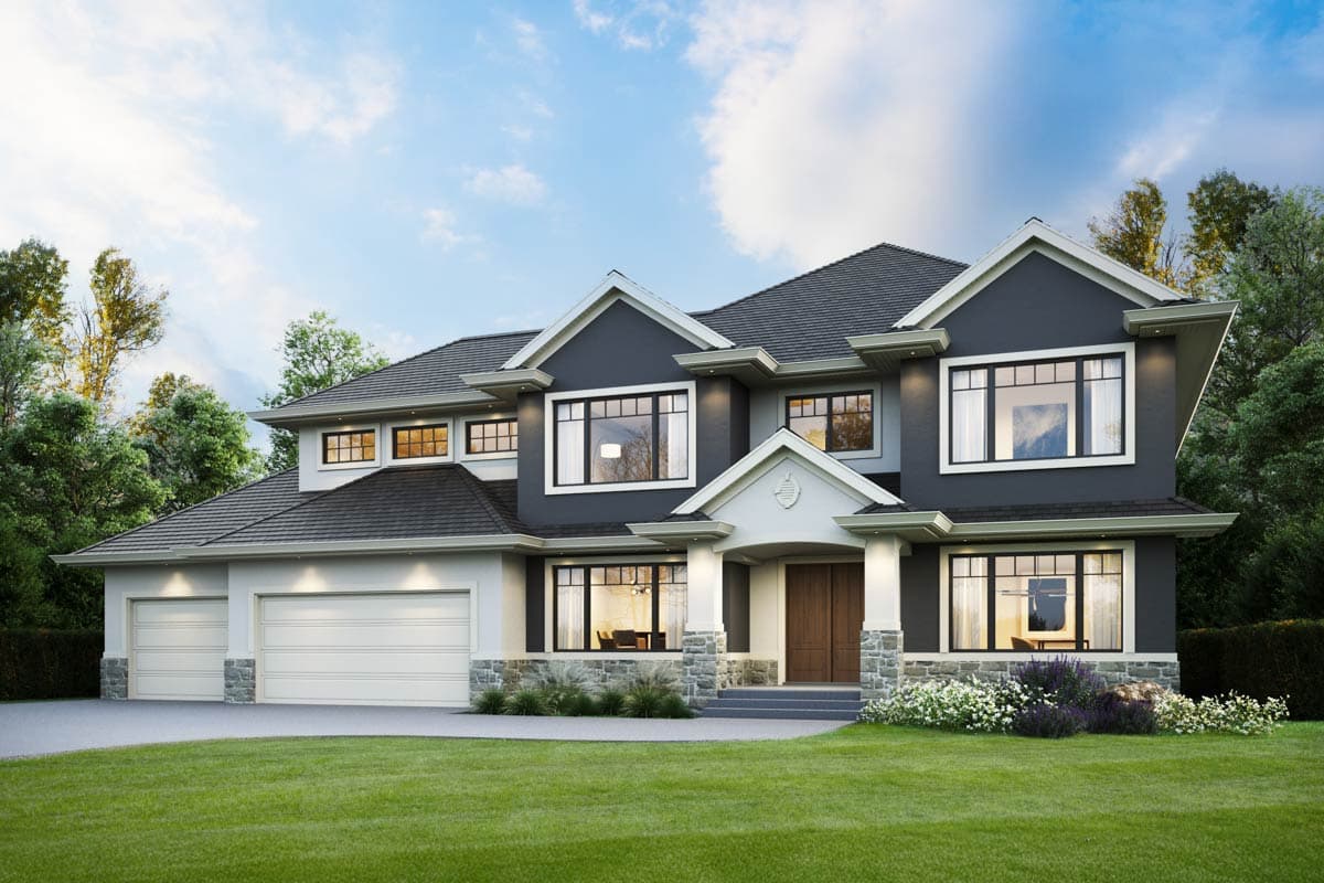 Modern house plan exterior, two stories, dark gray siding, large windows, prominent gables, and a three-car garage.