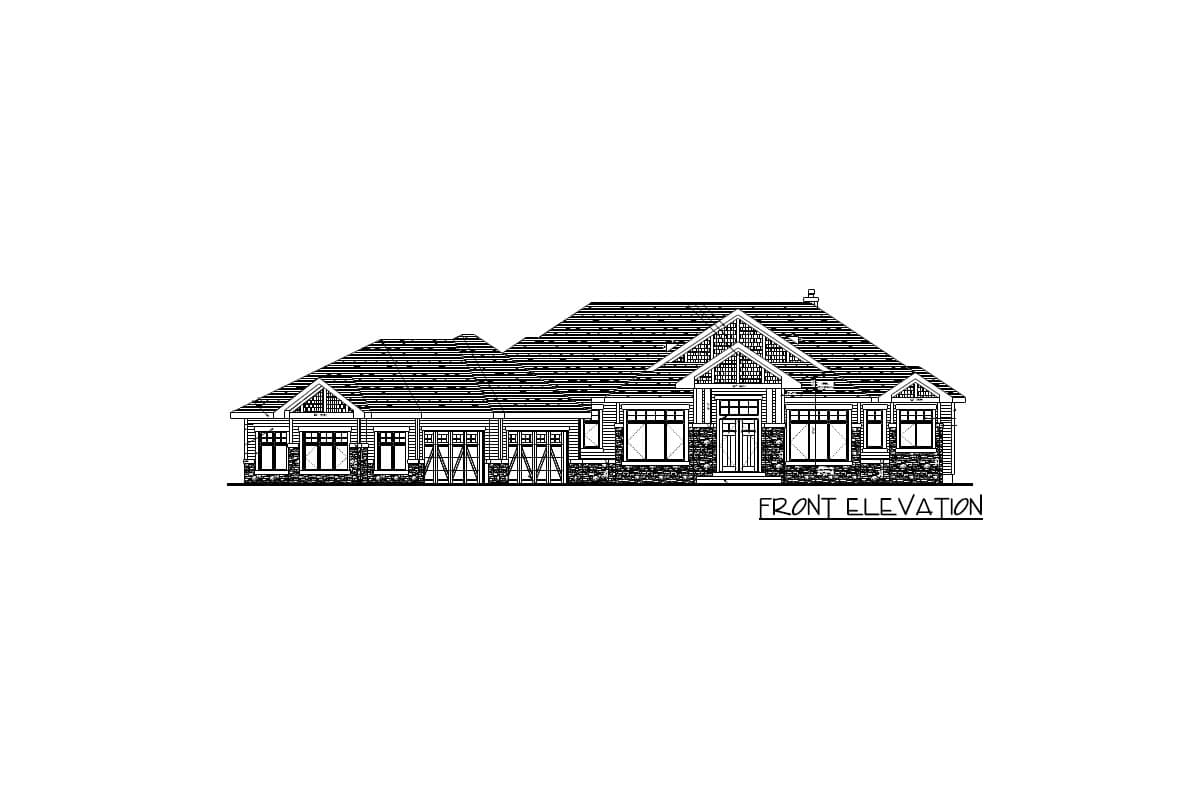 Front elevation house plan showing a single-story home with a prominent gabled entrance, multiple windows, and a three-car garage.