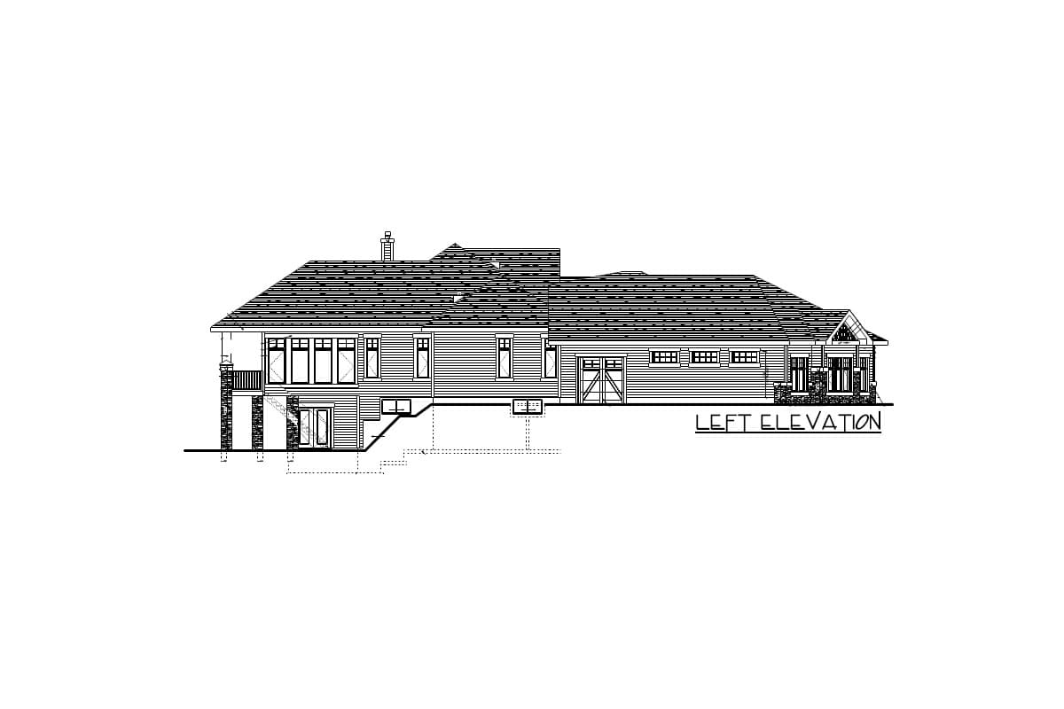 Left elevation house plan showing a multi-level home with a covered porch, multiple gables, and an attached garage.