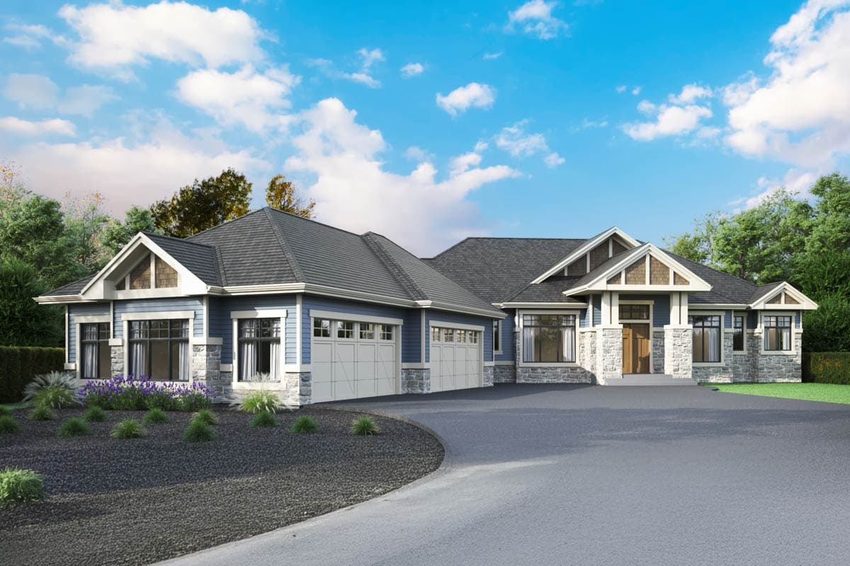 House plan exterior: Modern style, one story, blue siding, stone accents, gable rooflines, and a three-car garage.