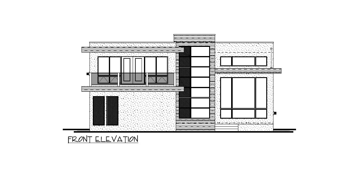 Front elevation drawing of a two-story modern house plan featuring geometric volumes, cantilevered balcony, and large windows.