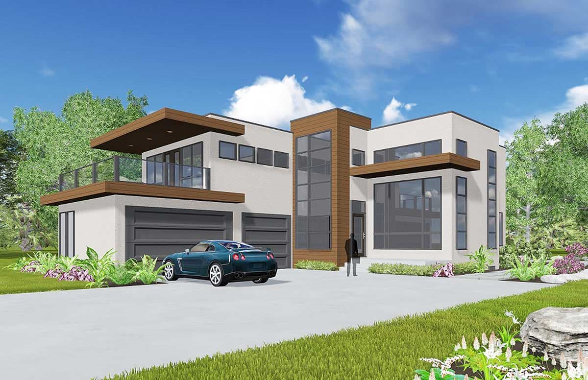 Modern house plan exterior with two garages, cantilevered second-story balcony, and tall vertical windows.