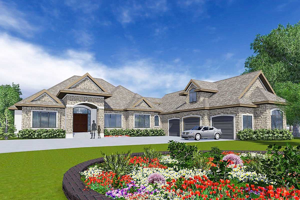 House plan exterior: Stone-clad home with arched entryway, multiple gables, dormer window, and three-car garage.