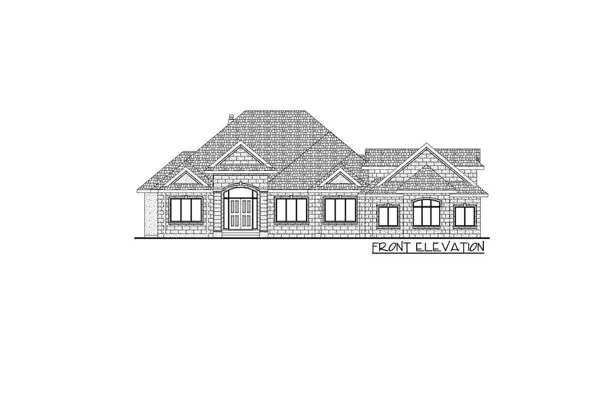 Front elevation drawing of a single-story house with a prominent arched entryway, multiple gables, and a mix of brick and shingle siding.