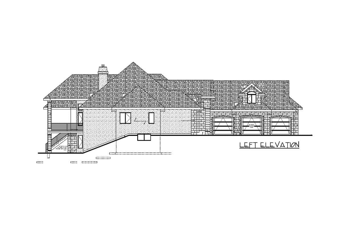 Left elevation house plan with layered rooflines, a chimney, balcony, and a three-car garage.