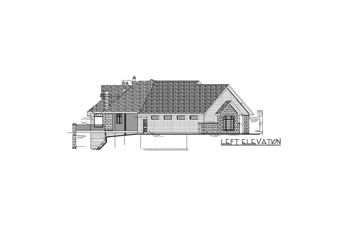 House plan left elevation drawing showing a multi-level structure with gables, pitched roof, dormers, and a large arched window.