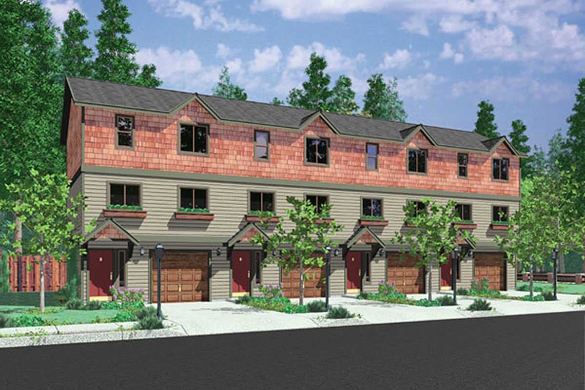 House plan exterior: Three-story townhouse with dormer windows, shingle siding on top, horizontal siding below, and attached garages.