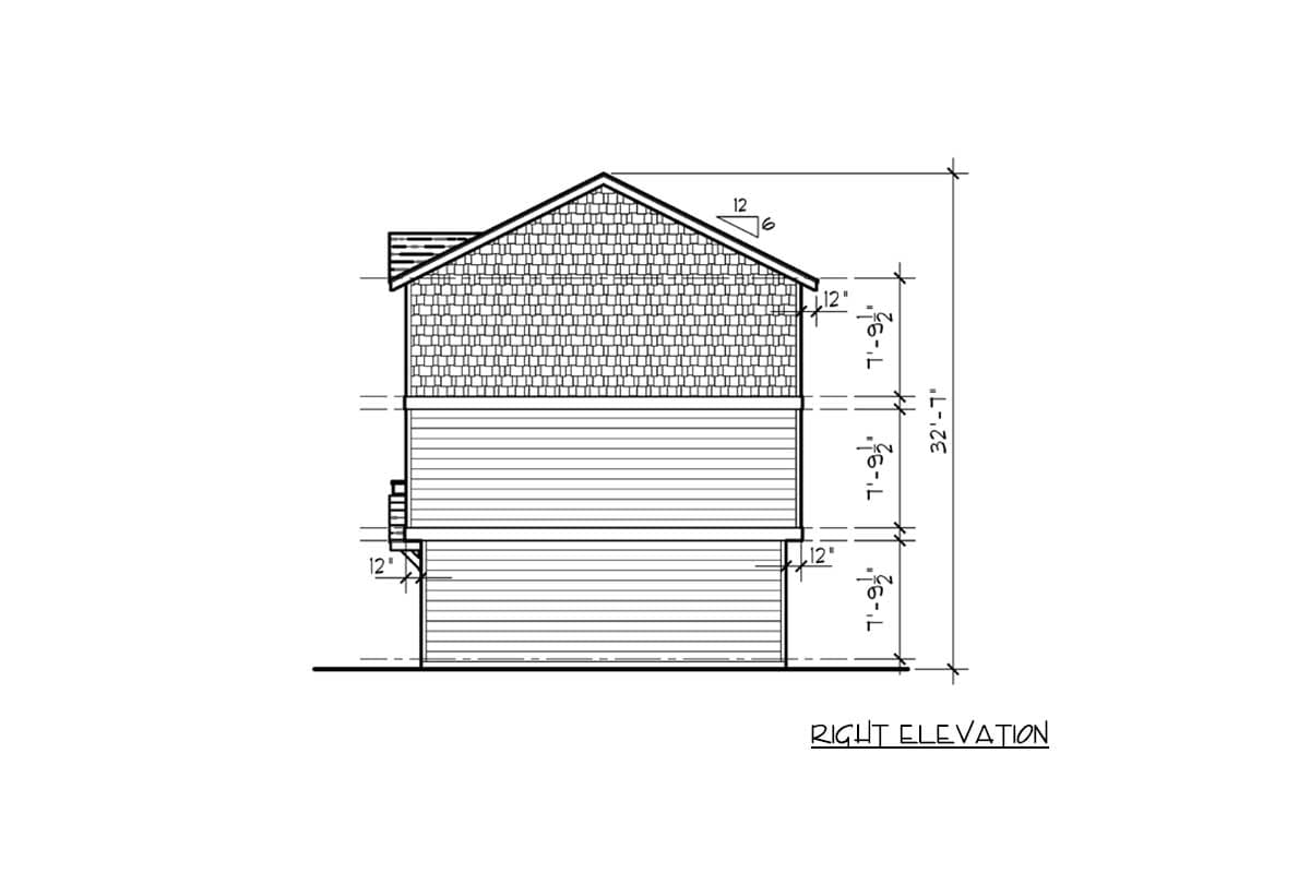 Right elevation drawing of a two-story house plan with shingle and horizontal siding and dimensions.