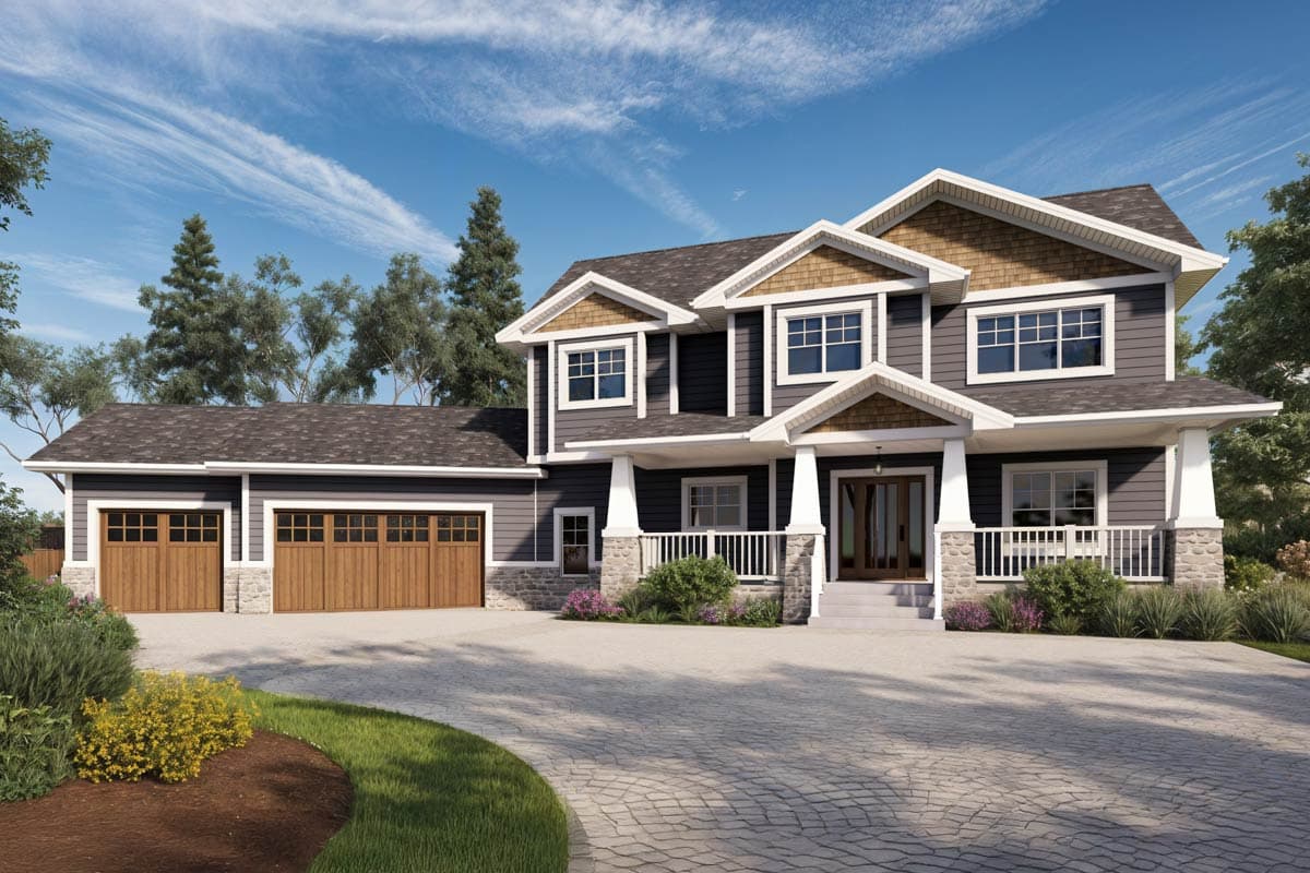 House plan exterior: Two-story home with gabled dormers, stone accents, a covered porch, and a three-car garage with wood doors.
