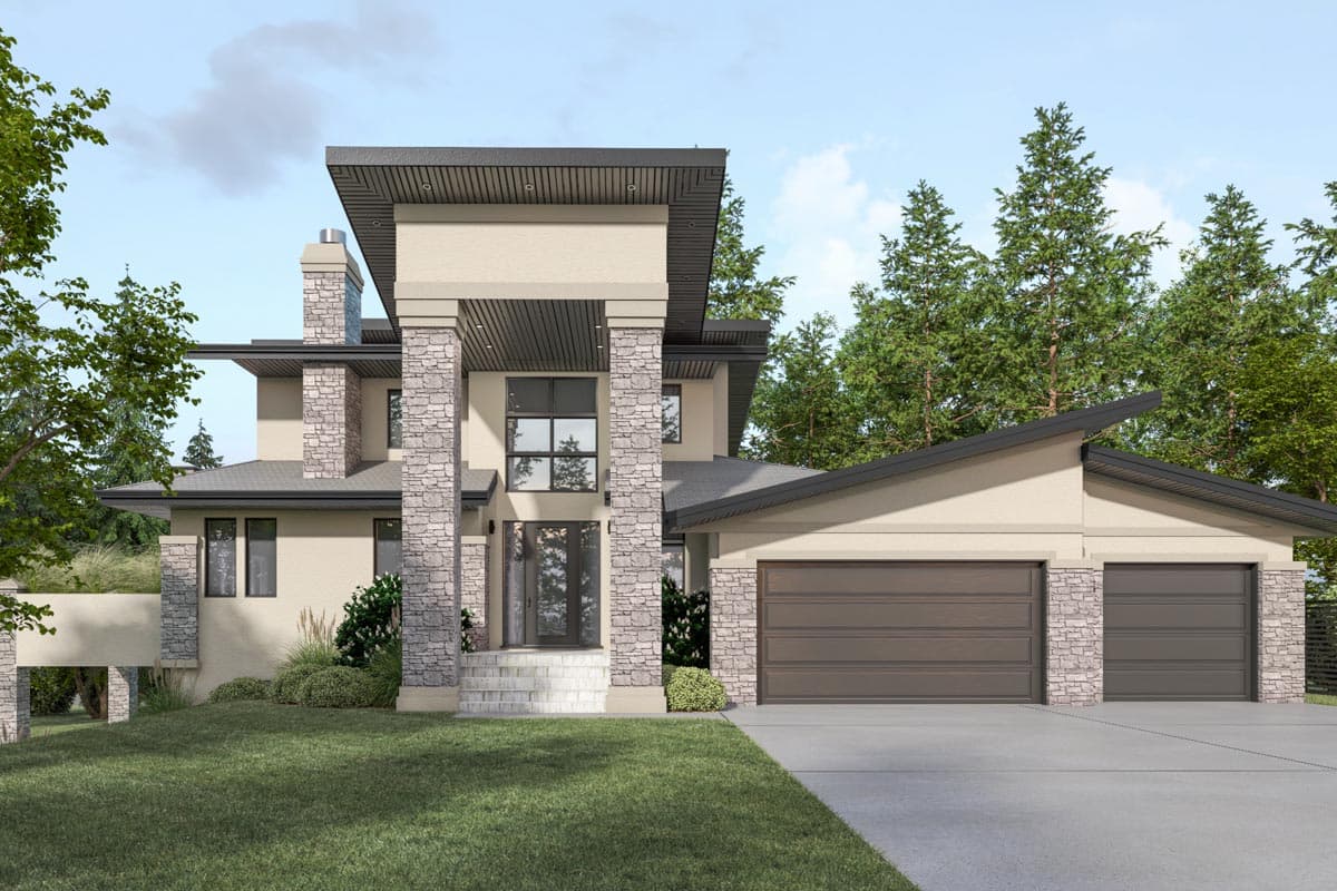 House plan exterior with two stories, flat roof, stone columns, and attached two-car garage. Features include a modern aesthetic.