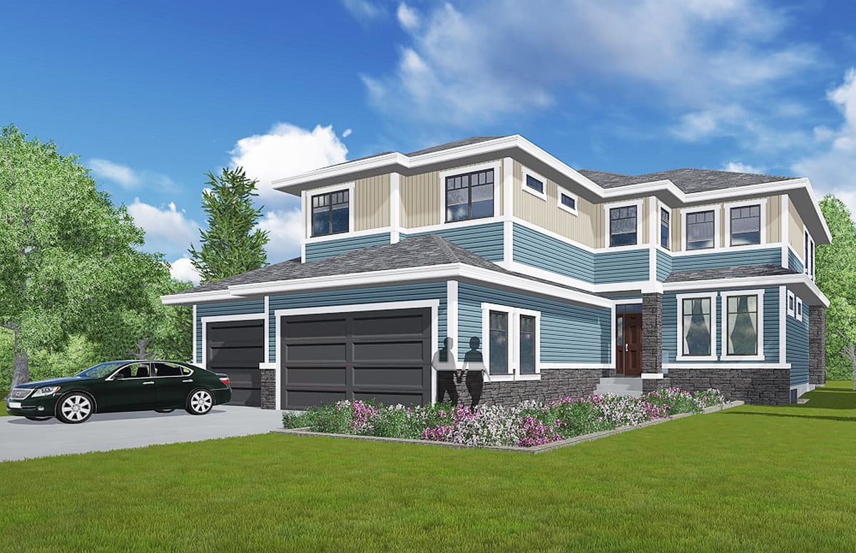 Two-story modern house plan with a three-car garage, blue horizontal siding, stone accents, and multiple rooflines.
