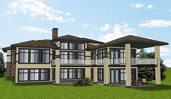 Modern house plan exterior with multiple levels, extensive glass, balconies, and a prominent chimney.