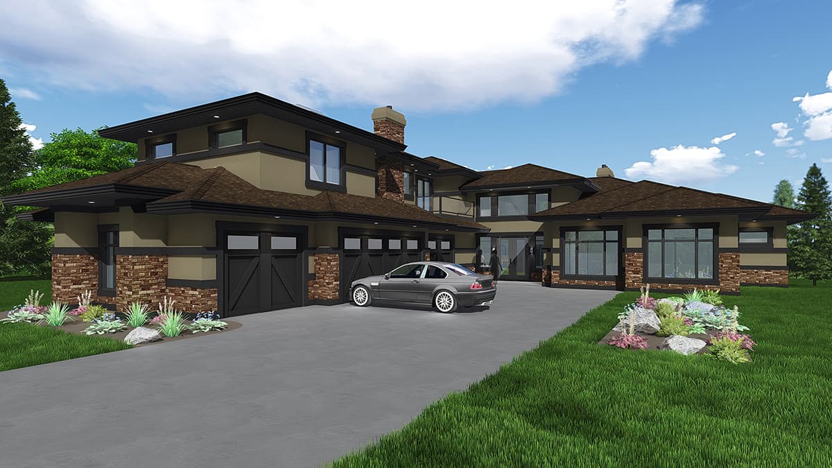 Modern house plan exterior with a low-pitched roof, stone accents, and a three-car garage.