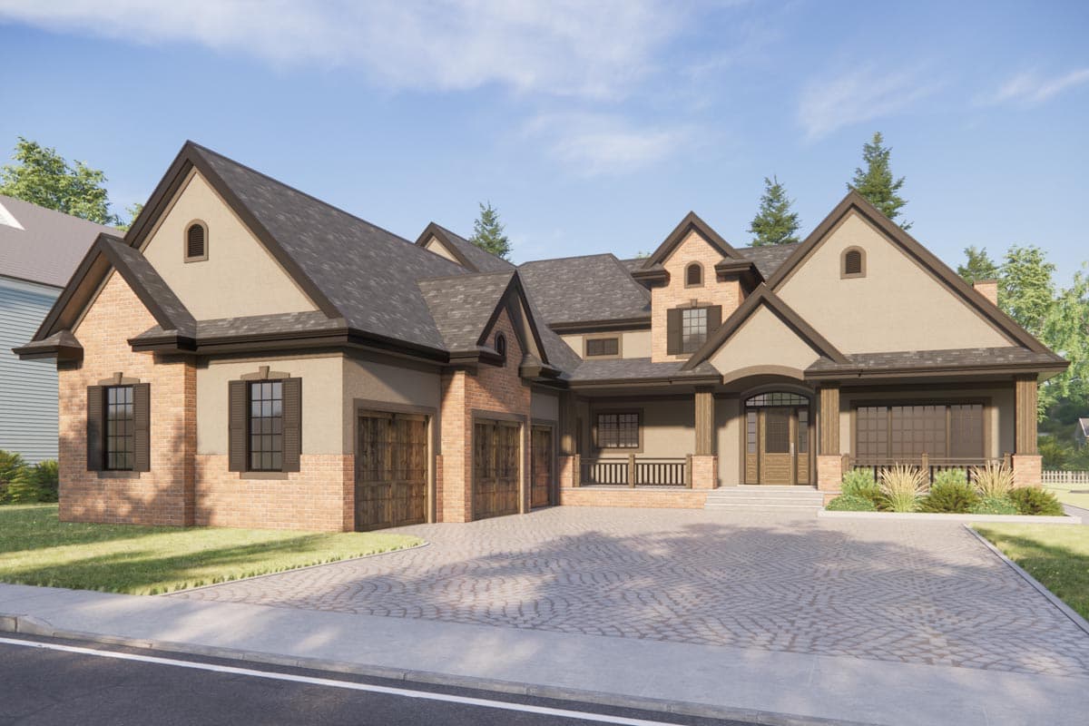 House plan exterior: Traditional style with brick and stucco, multiple gables, a covered porch with columns, and a three-car garage.