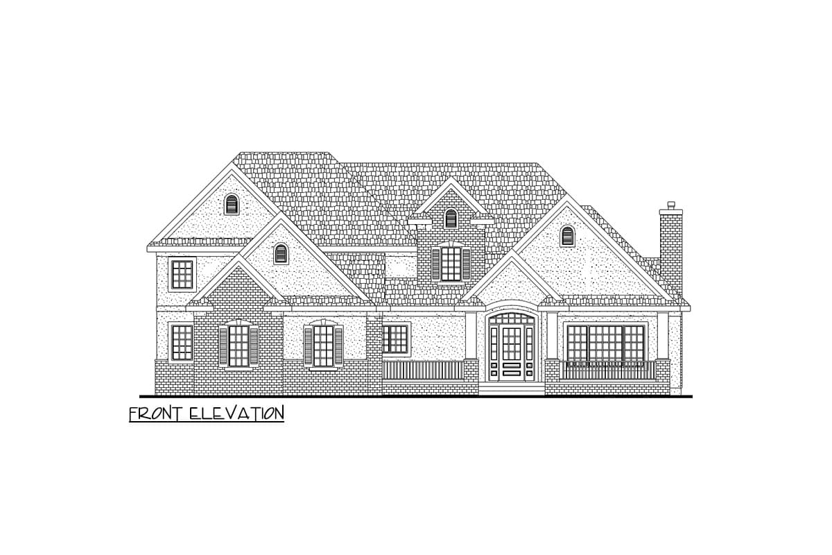 Front elevation house plan with arched entry, multiple gables, dormers, and a brick chimney.