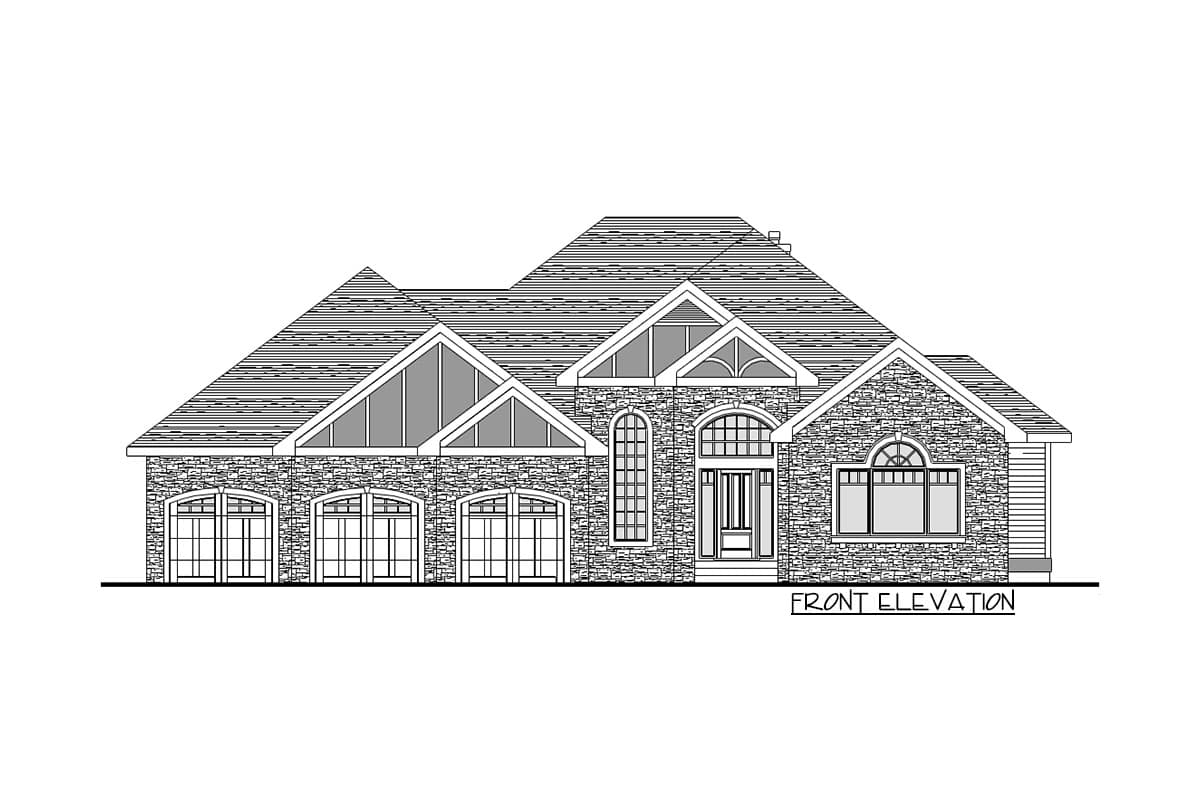 Front elevation house plan: stone facade, multiple gabled dormers, arched windows, and three garage bays.