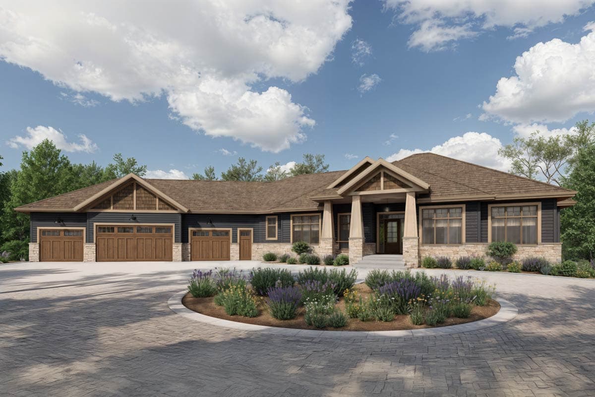 House plan exterior. Ranch style with a low-pitched roof, gabled entry, and three-car garage. Features include stone accents and a covered porch.