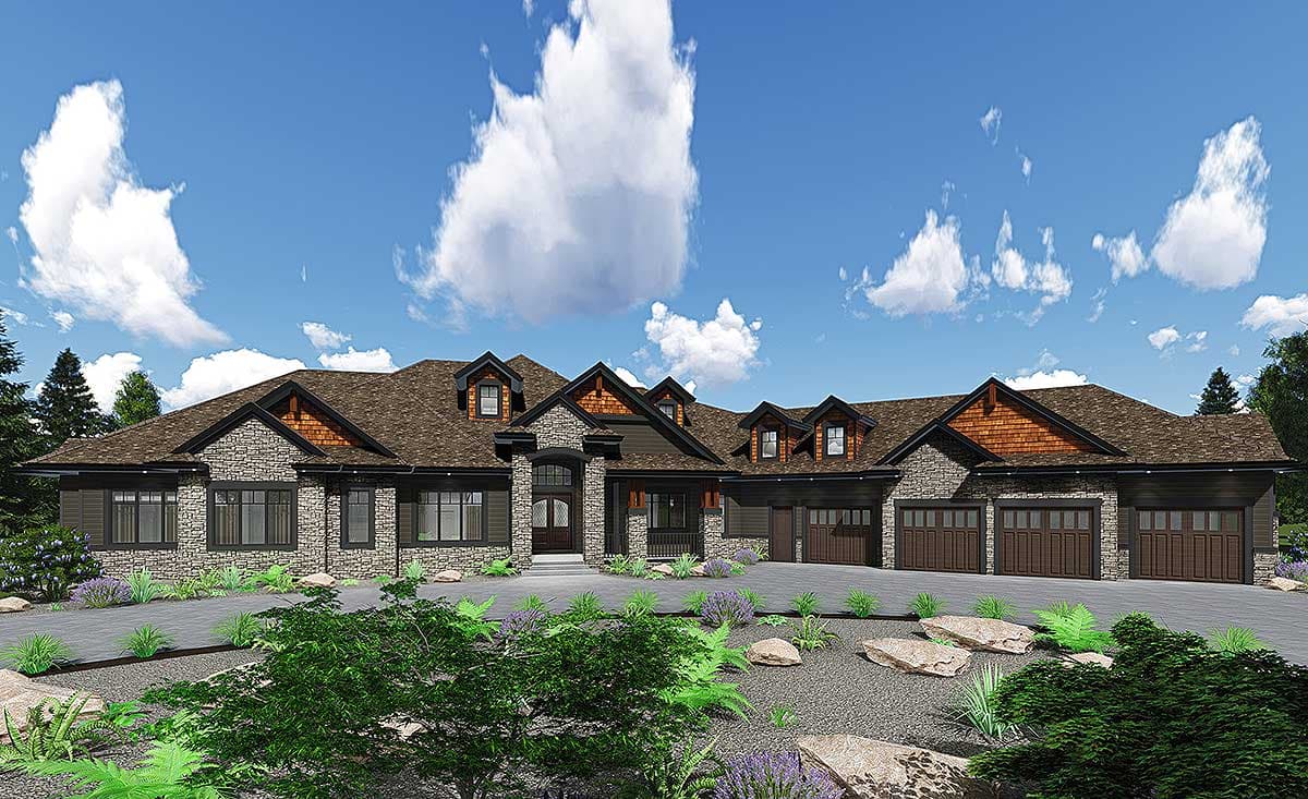 House plan exterior, two-story Modern Farmhouse with stone accents, multiple gables, dormers, and a five-car garage.