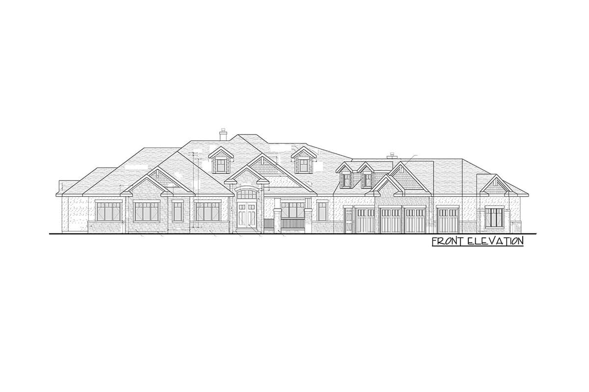 Front elevation drawing of a sprawling one-story house plan with multiple gables, dormers, a covered entry, and a five-car garage.