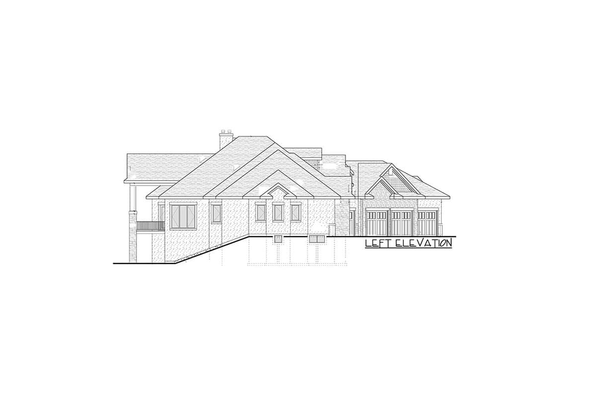 Left elevation drawing of a house plan with multiple gables, dormers, a porch, and a three-car garage.