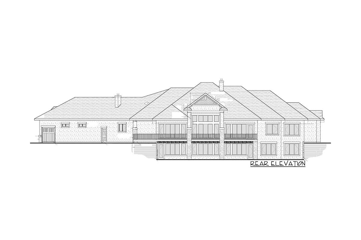 Rear elevation house plan drawing showing a large home with multiple gables, a balcony, and numerous windows.