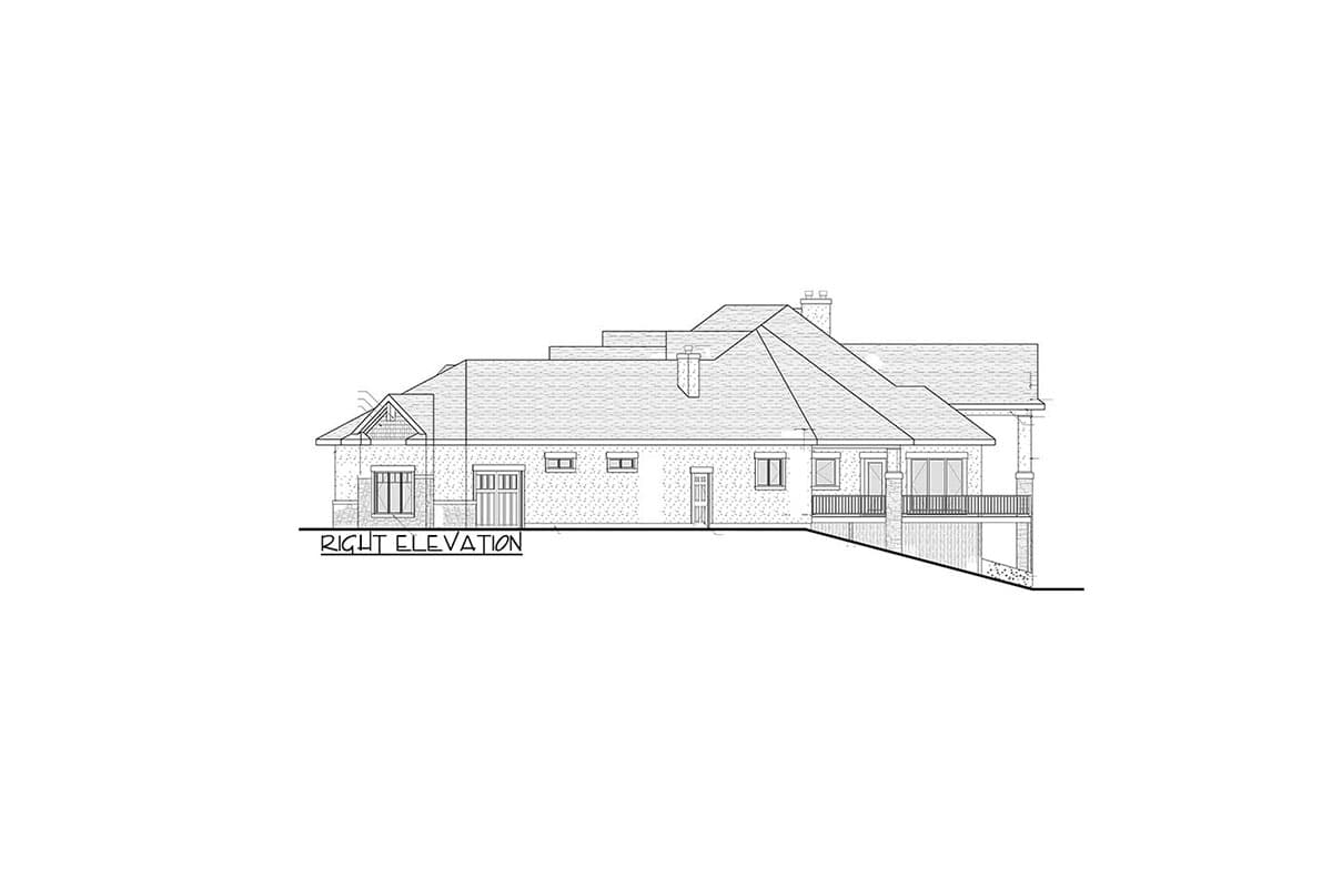 Right elevation house plan shows a multi-story building with gables, dormers, multiple windows, a side garage, and a deck.