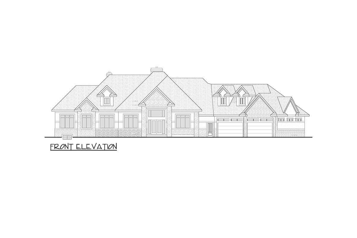 Front elevation drawing of a large house plan with multiple gables, dormers, and a three-car garage.