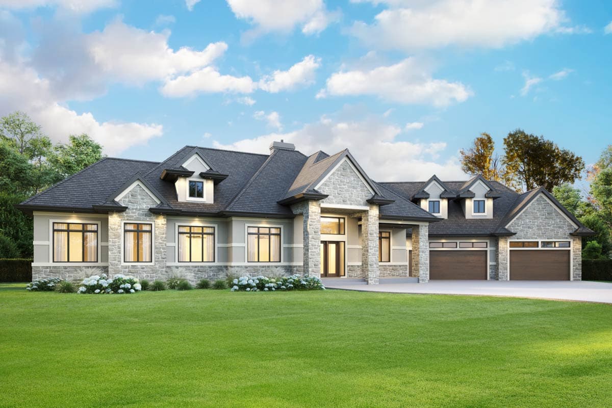 House plan exterior of a two-story home with stone accents, multiple gables, dormers, and a three-car garage.