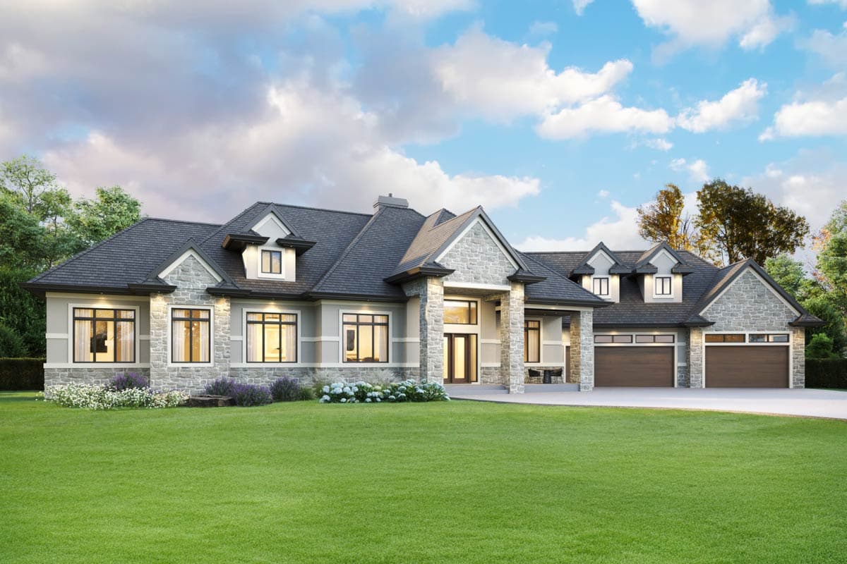 House plan exterior: Single-story Modern Farmhouse with stone accents, prominent gables, dormers, and a three-car garage.