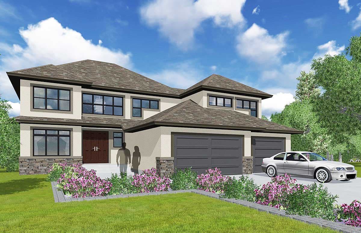 Exterior house plan: Two-story modern design with a prominent entrance, stone accents, multiple gables, and a three-car garage.