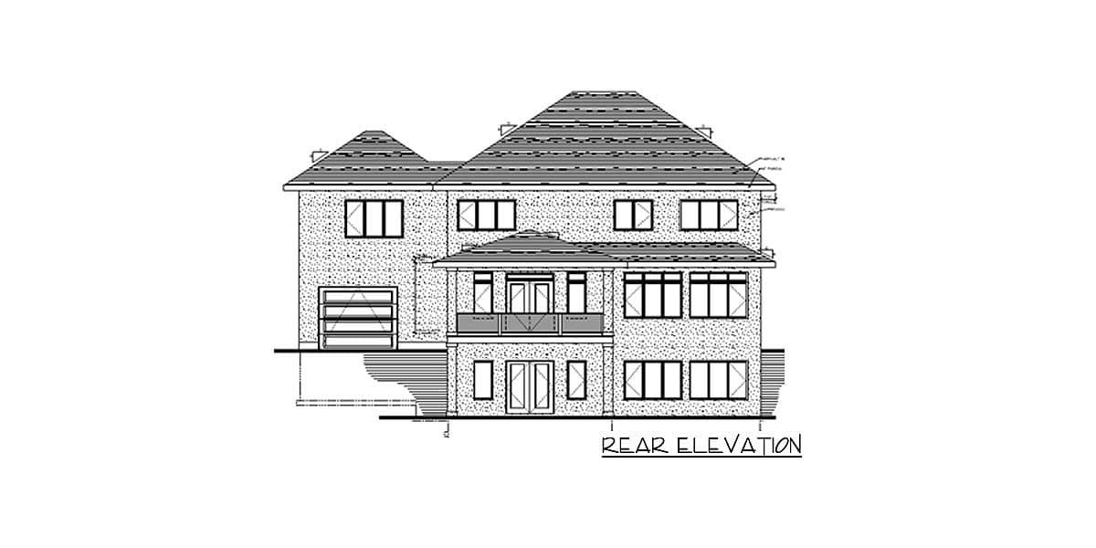 Rear elevation drawing of a two-story house with a gabled roof, balcony, and attached garage.