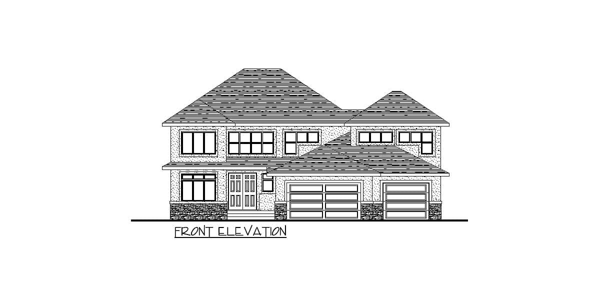 Front elevation drawing of a two-story house with a hip roof, double garage, and stone base.