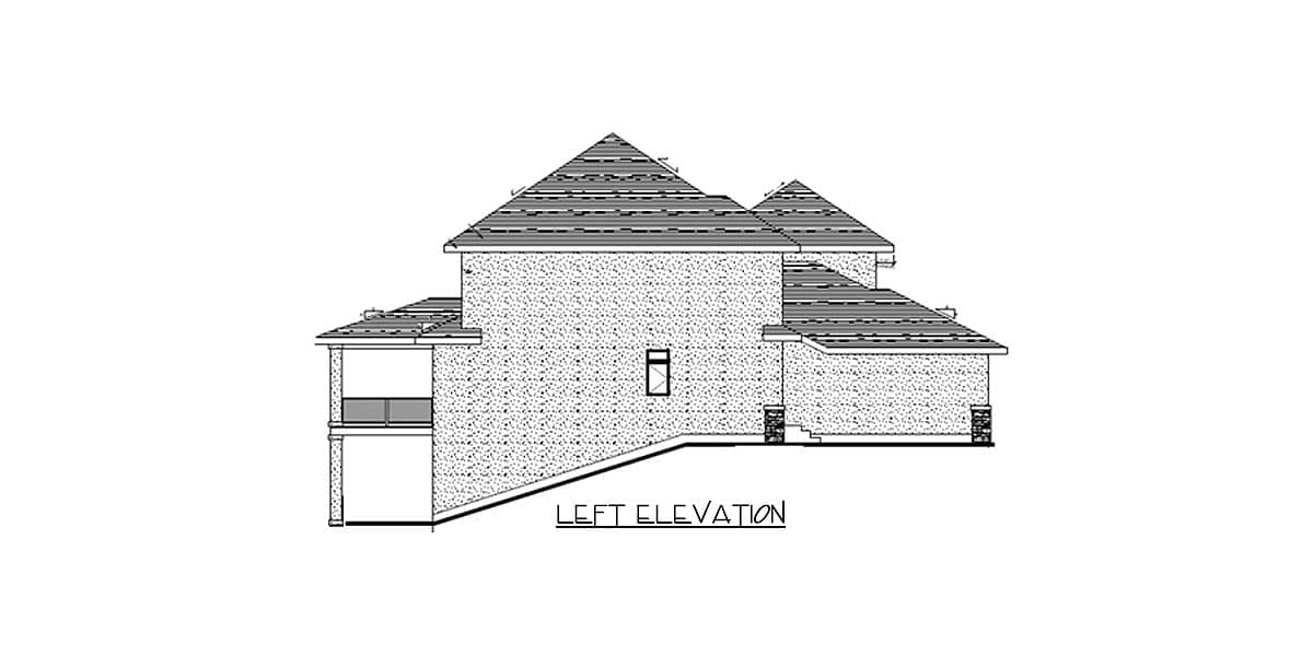 Left elevation drawing of a house plan showing a multi-level roof, a covered balcony, and a sloped foundation.