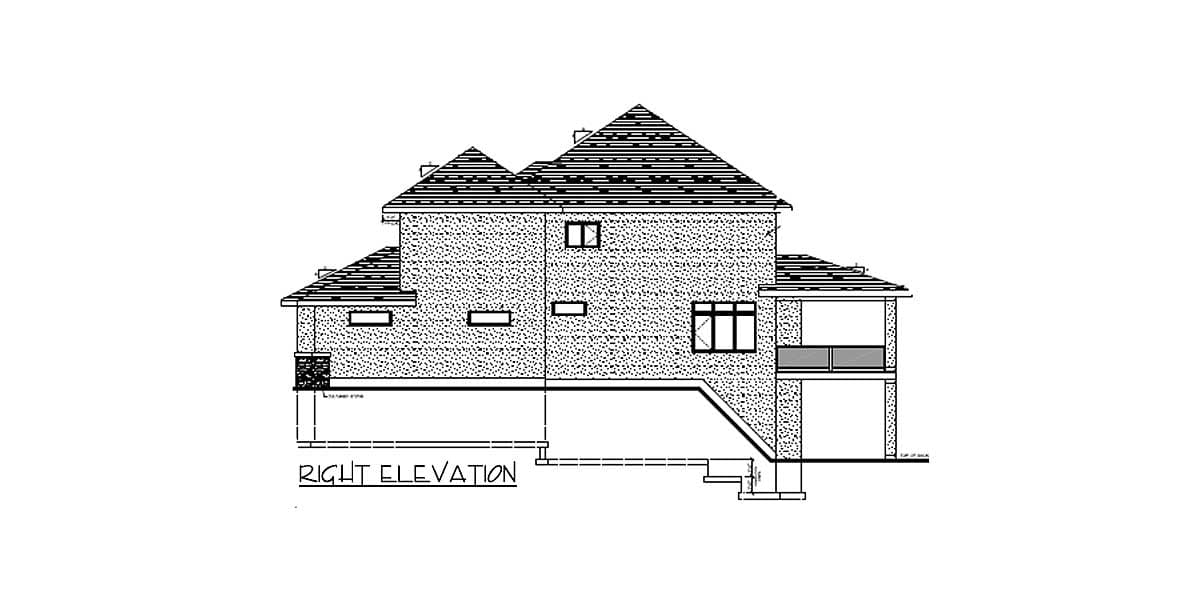 Right elevation of a two-story house plan with multiple gables, dormers, and a covered balcony.