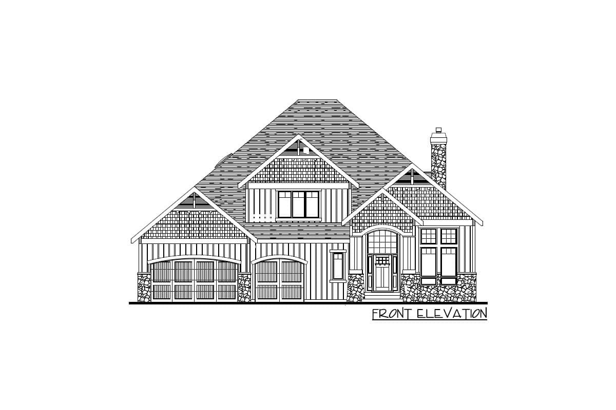 Front elevation of a two-story house plan with gables, stone accents, two garage doors, and a prominent chimney.