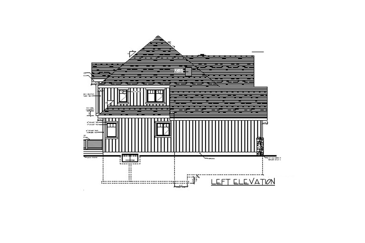 Left elevation drawing of a two-story house plan, showing vertical siding, gabled roof, and multiple windows.