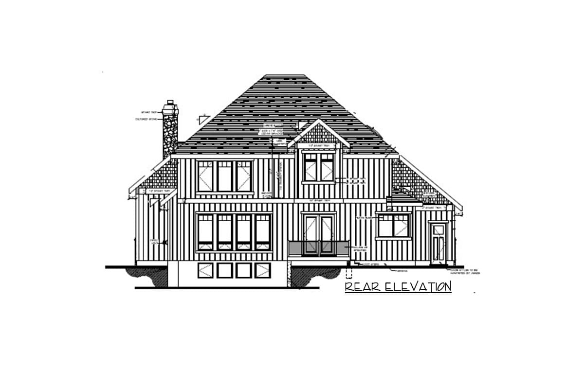 Rear elevation architectural drawing of a two-story house with a prominent gable, multiple windows, and a stone chimney.