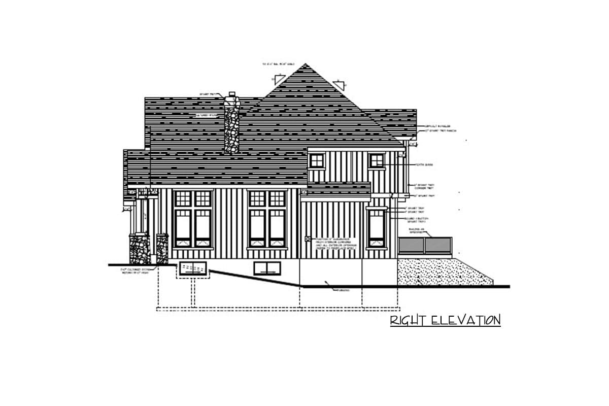 Right elevation house plan showing a two-story home with a prominent gable, stone-clad porch columns, and multiple windows.