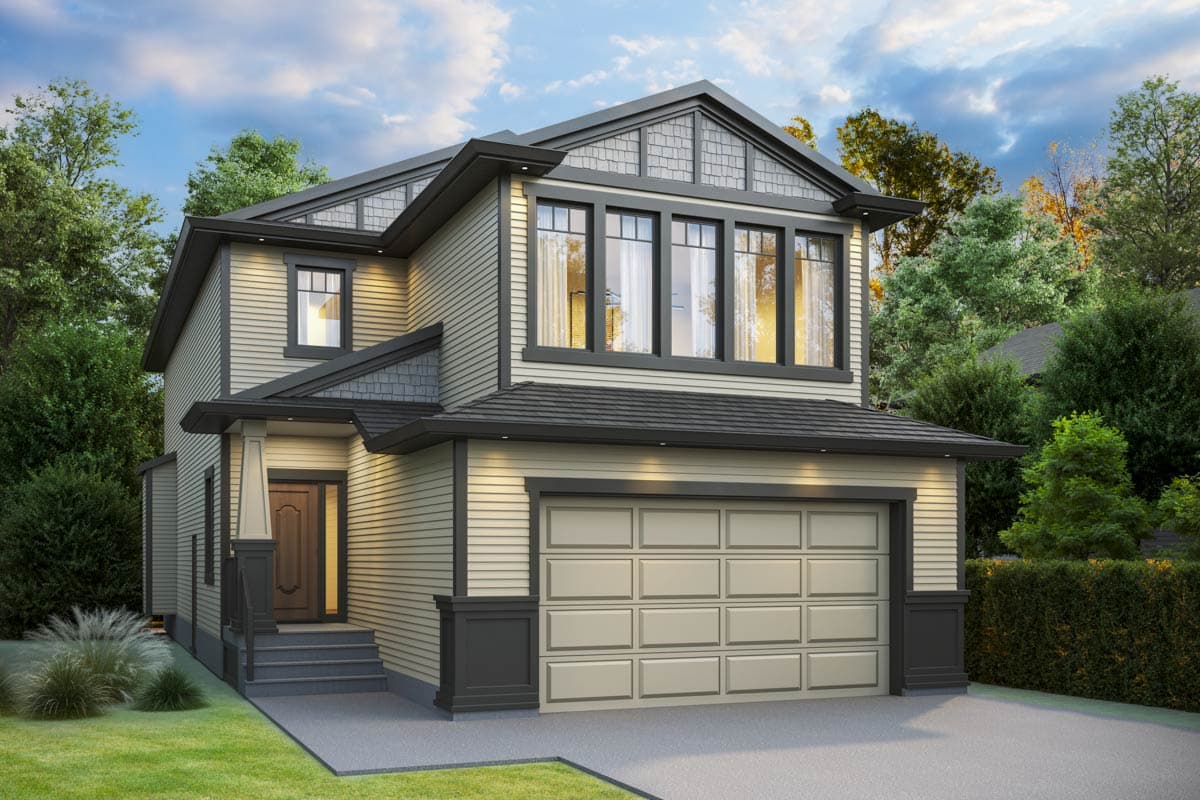 House plan exterior: Two-story home with clapboard siding, prominent gables, multi-pane upper windows, and attached garage.