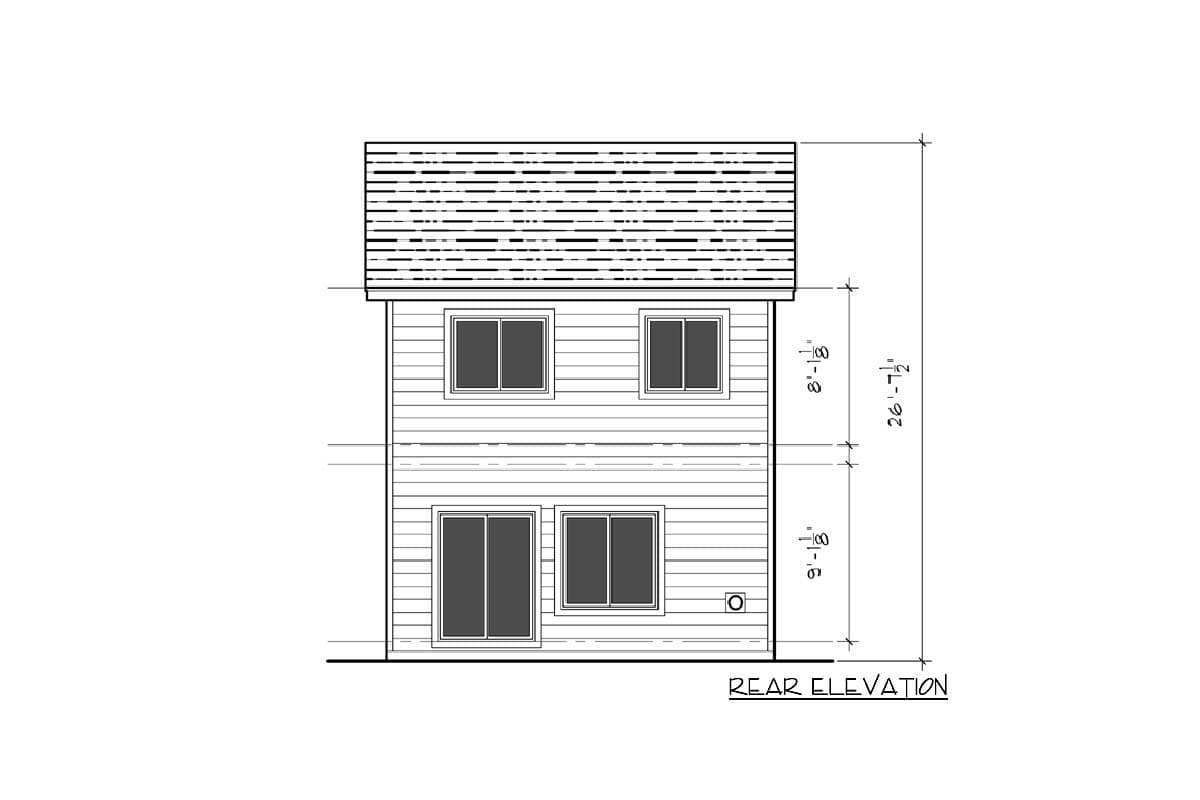 Rear elevation drawing of a two-story house plan with double-hung windows and sliding doors.