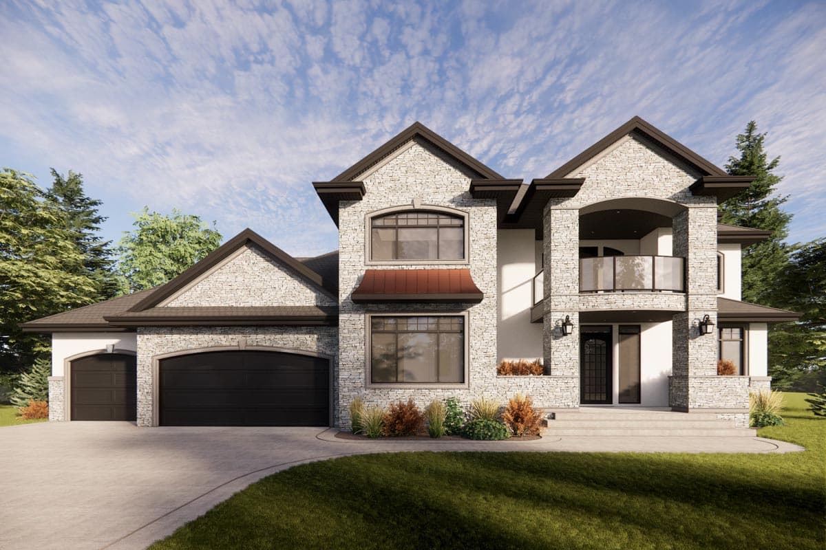 Two-story house plan exterior with stone facade, arched windows, attached garage, and second-story balcony.